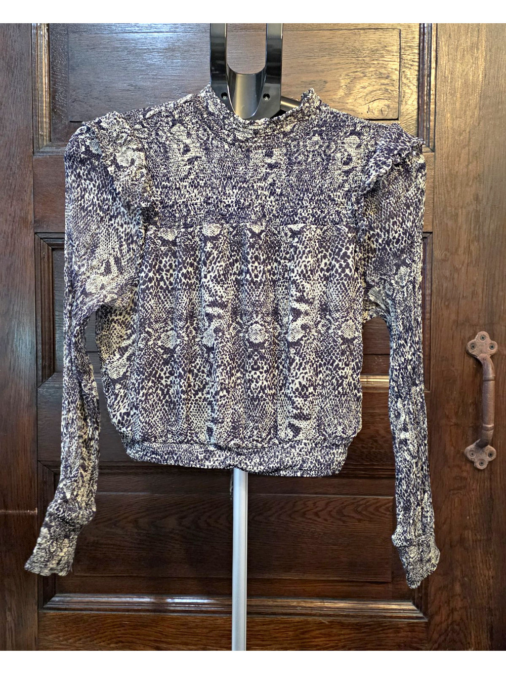 Free People Black White Animal Print Woven Viscose Smocked High Neck XS